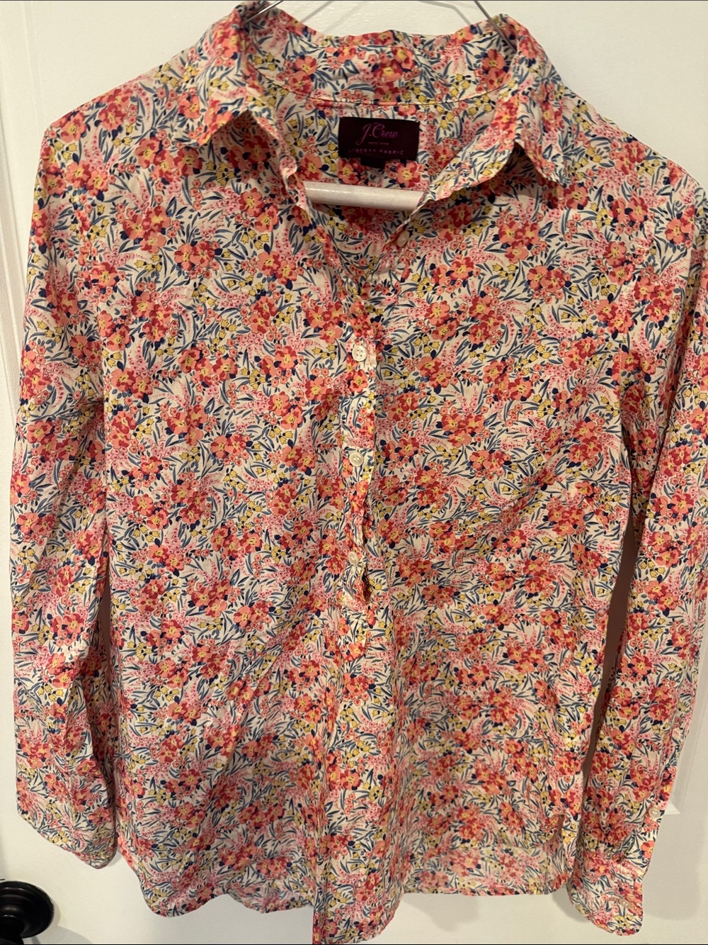 J. Crew Liberty Fabric Pink Coral Floral Button-Down popover shirt